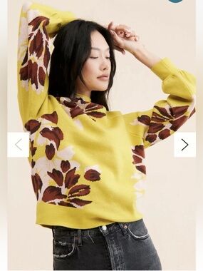 Anthropologie The Beatriz Mock Neck Sweater Chartreuse Floral Size XS